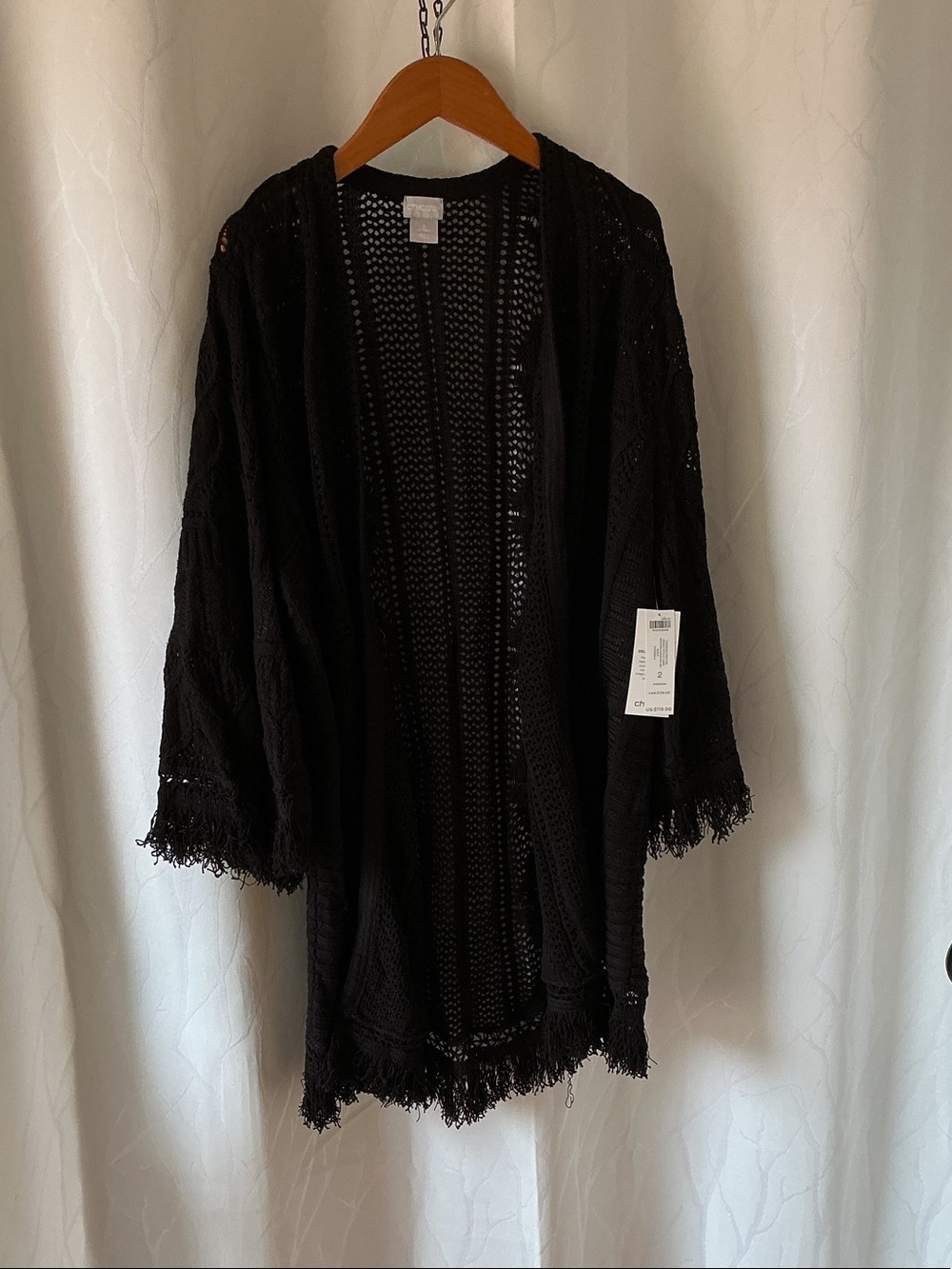 Chico’s Black Open Knit Fringe Cardigan NWT